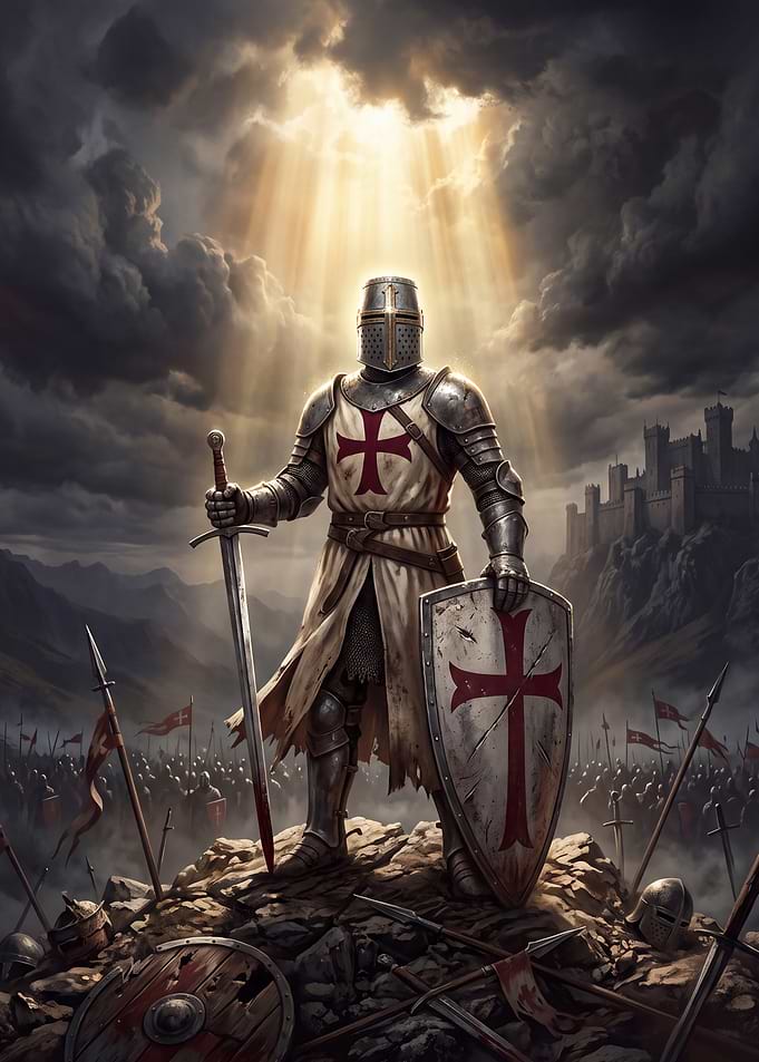 Crusader Knight Standing on Battlefield