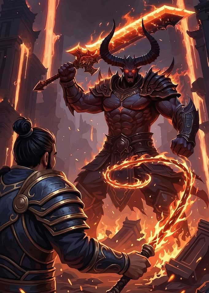 Warrior Facing a Flaming Demon
