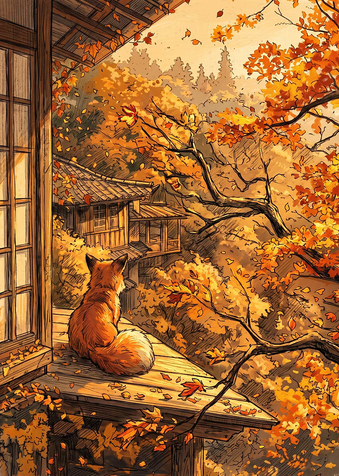 Fox Watching Autumn Forest View