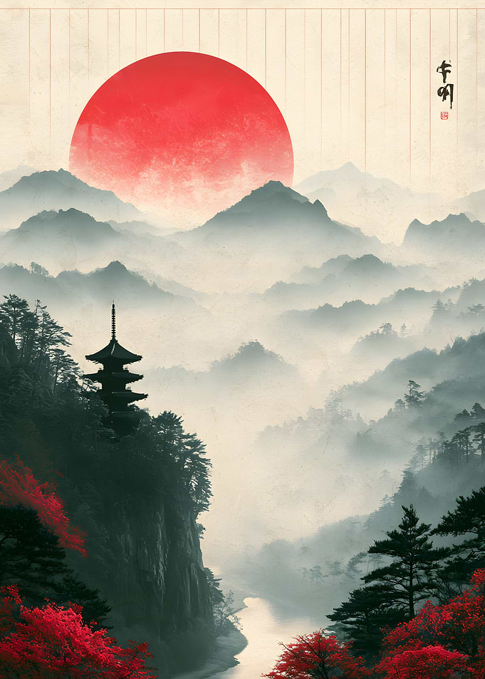 Japanese Pagoda in Misty Mountains