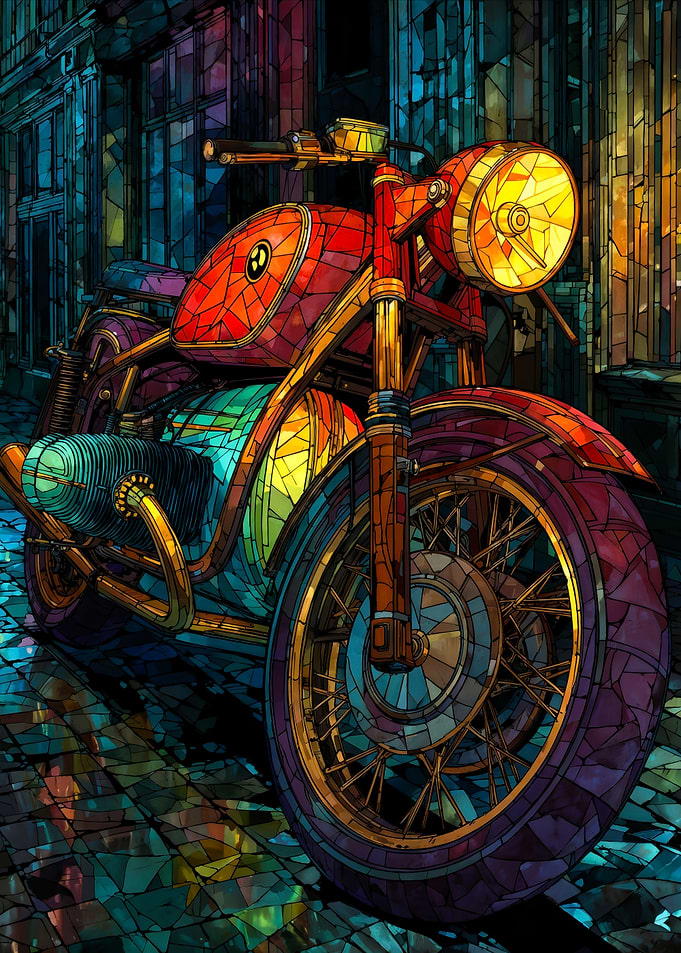 Classic vintage motorcycle stained glass mosaic art
