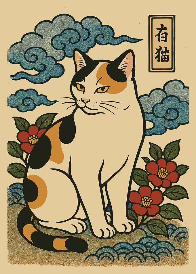 Japanese Ukiyo-e Style Calico Cat