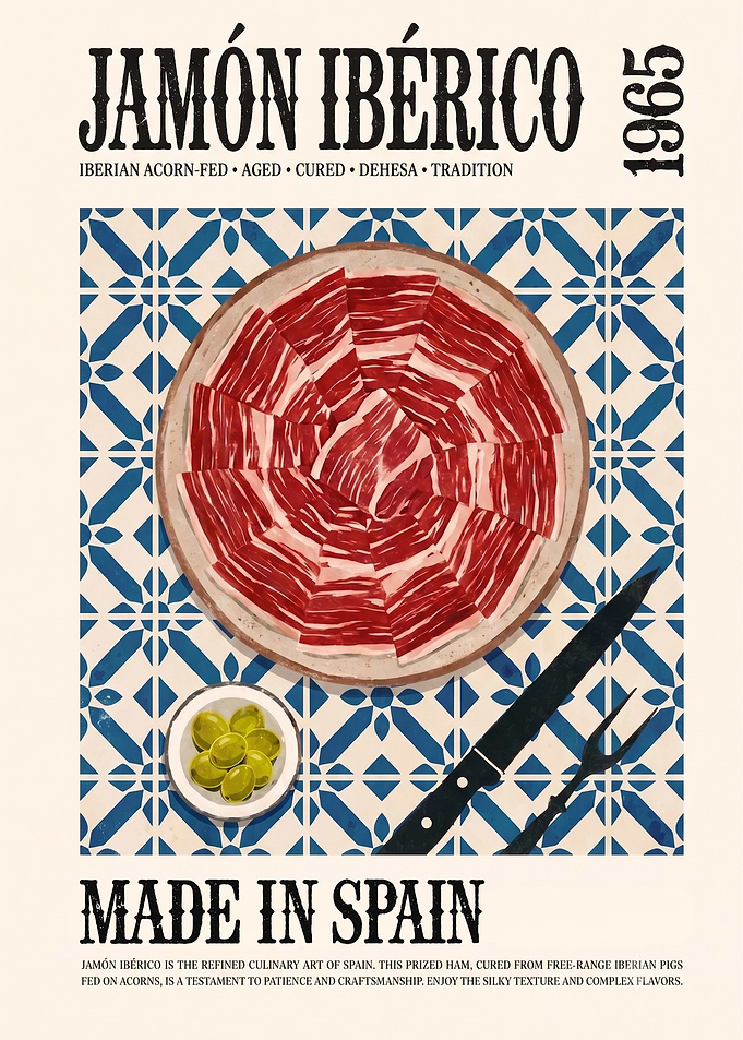Jamón Ibérico Vintage Kitchen Poster | Spanish Cured Ham Wall Art
