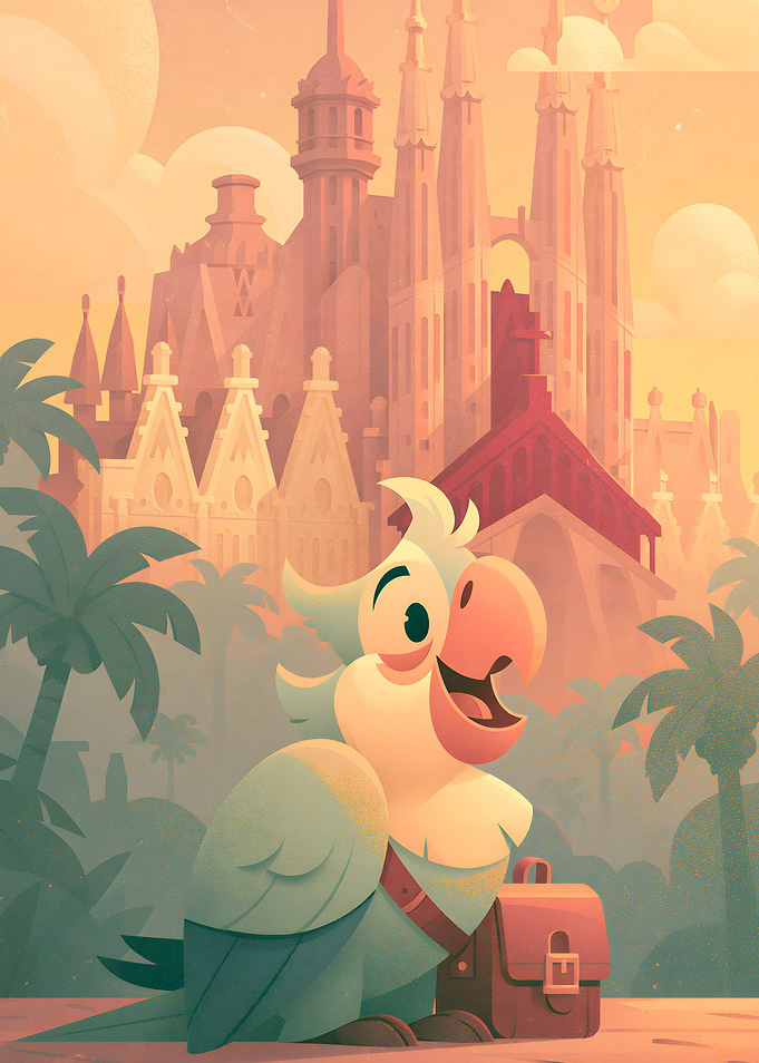 Cartoon Parrot Traveler in Barcelona