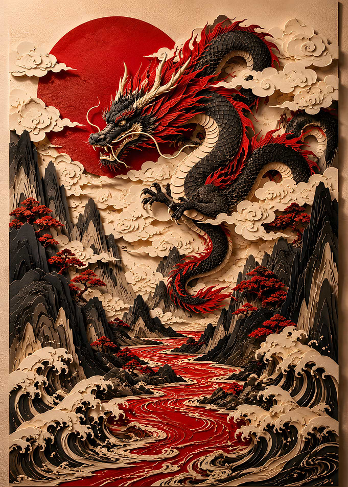 Soaring Oriental Dragon in Swirling Clouds