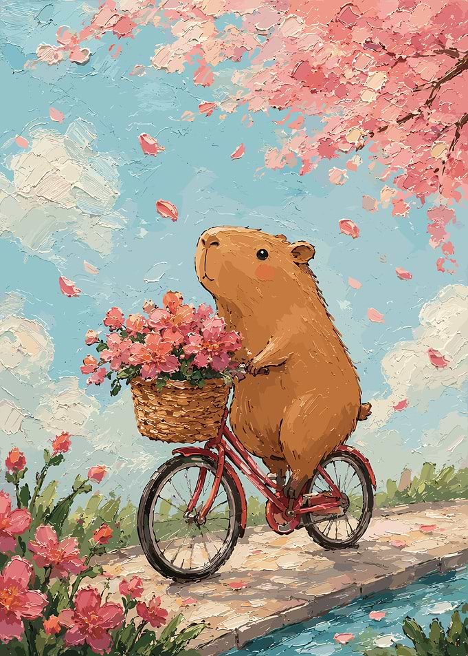 Capybara Riding Bicycle with Flowers
