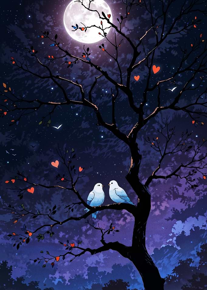 Two Doves Perched Under Full Moon