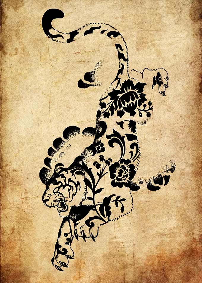 Floral Tiger Illustration on Parchment