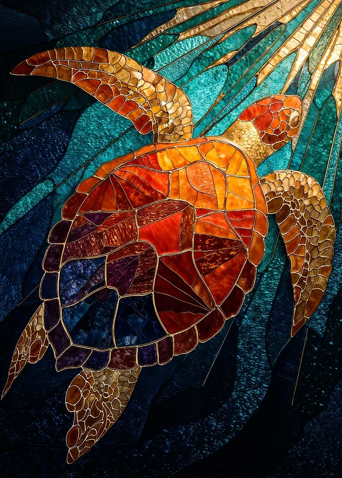 Colorful stained glass sea turtle ocean mosaic
