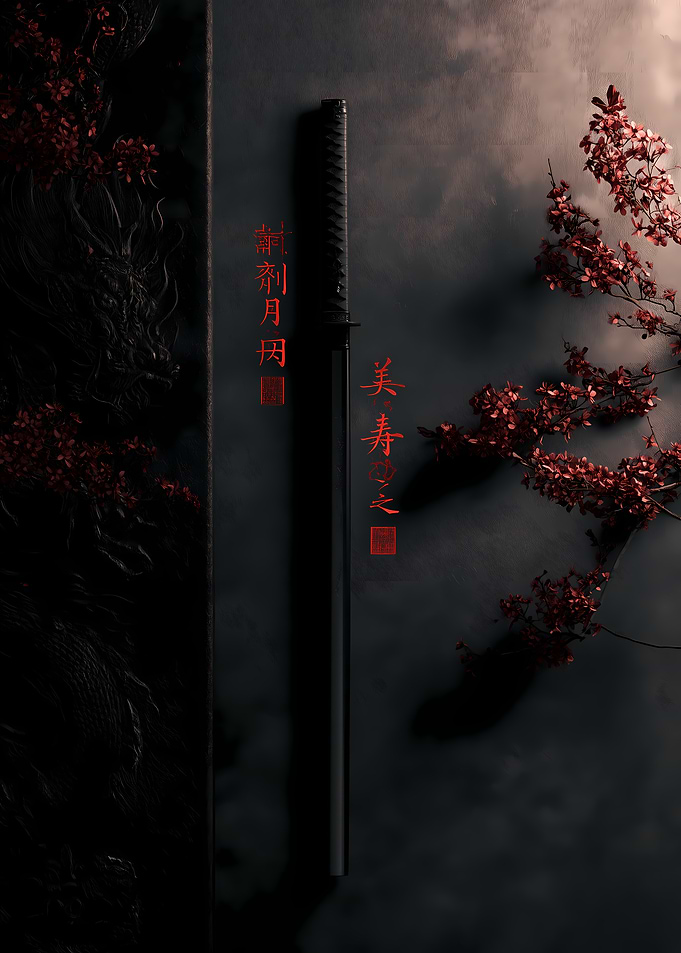 Minimalist Black Katana with Red Blossoms