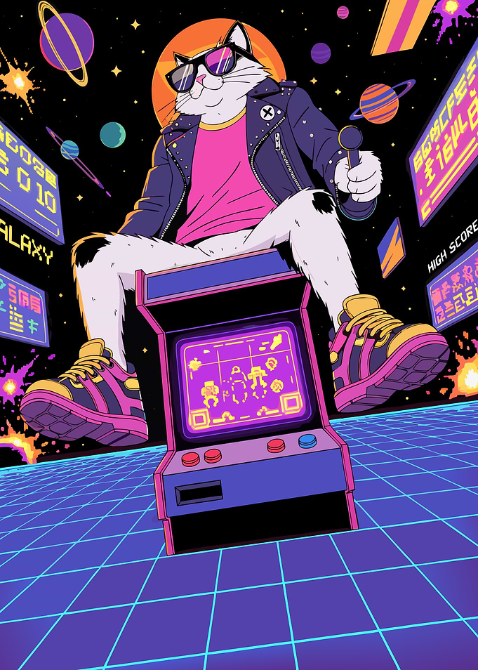 Cool Retro Arcade Cat in Space