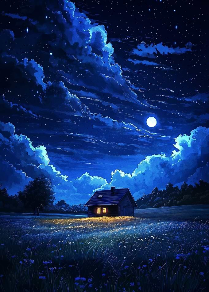 Cozy Cabin Under Starry Night Sky