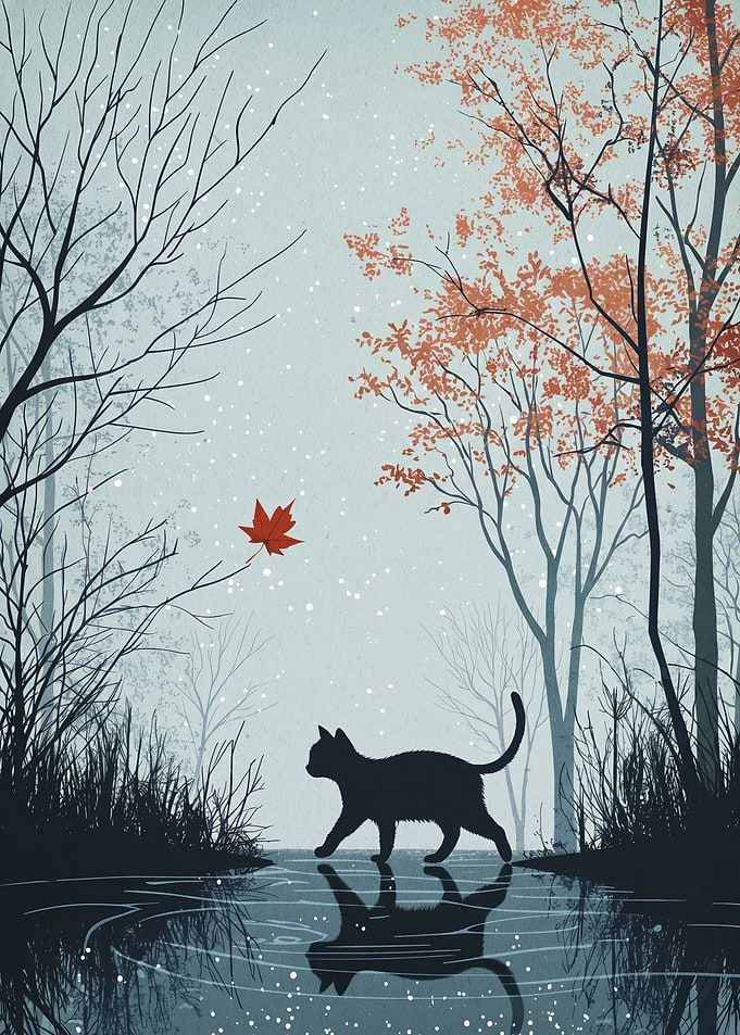 Black Cat Walking in Autumn Forest