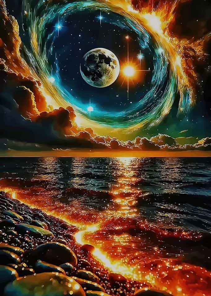 Surreal Cosmic Moonlit Beach Landscape