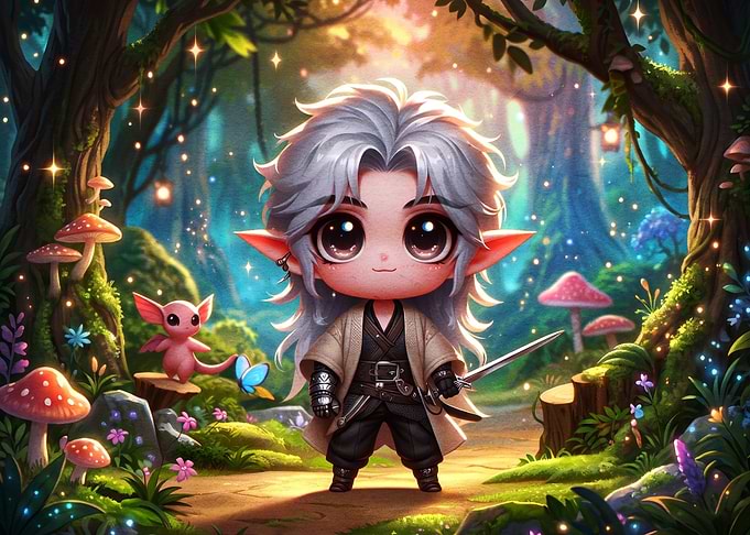 Chibi Elf Warrior in Enchanted Forest