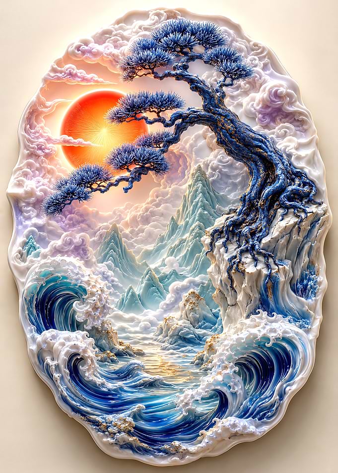 Relief Carving of Bonsai and Waves