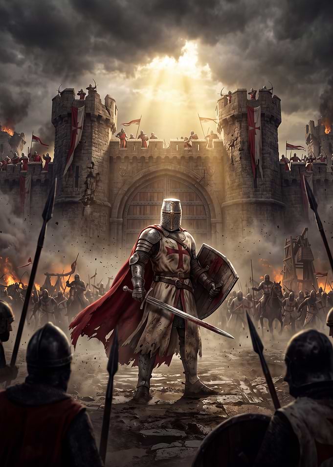 Crusader Knight Standing Before Castle Siege