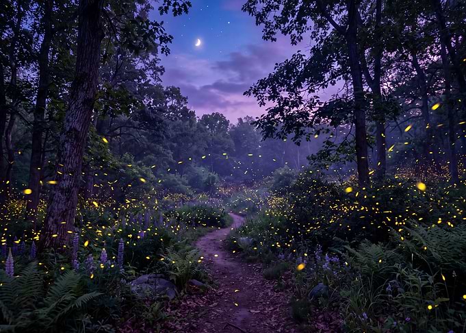Enchanted Forest Path with Fireflies