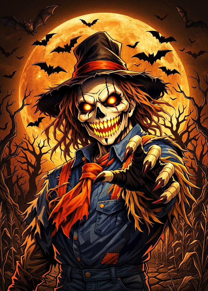 Spooky Halloween Scarecrow Under Full Moon