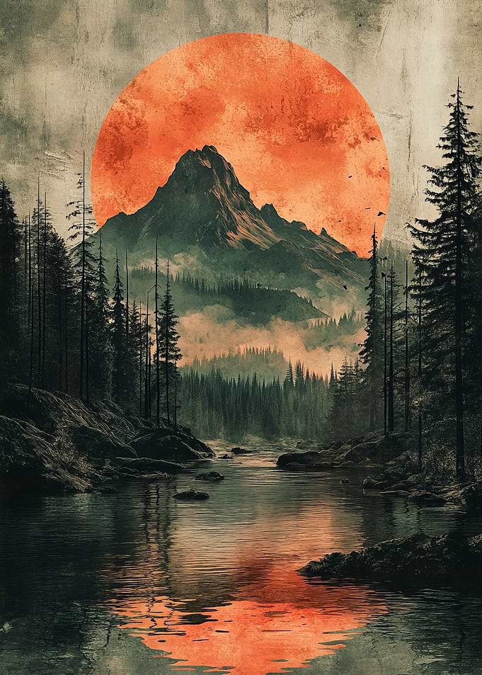 Red Moon Over Mountain Lake