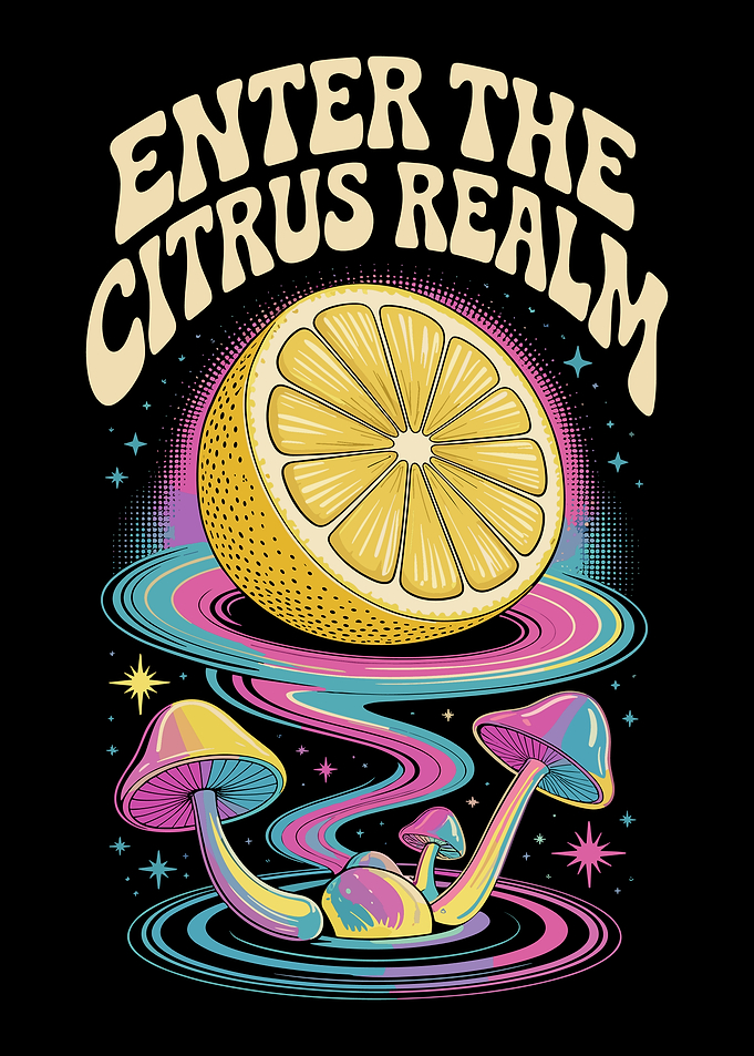 Psychedelic Lemon and Neon Mushrooms Cosmic Surreal Wall Art Poster
