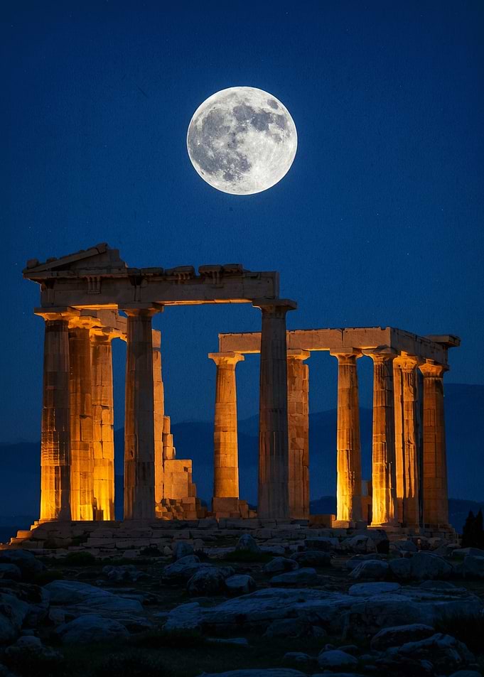 Full Moon Over Ancient Greek Temple