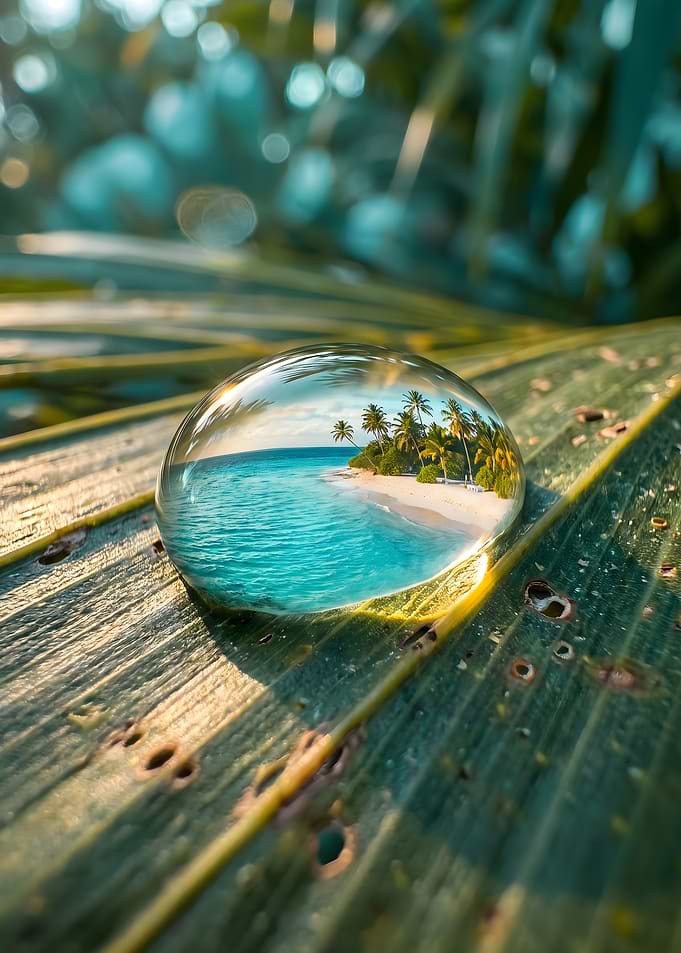 Tropical Beach Reflected in Water Drop