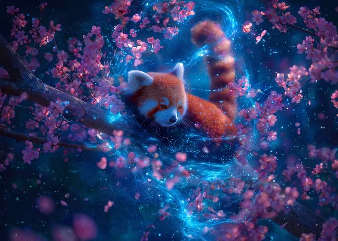 Magical Red Panda in Cherry Blossoms