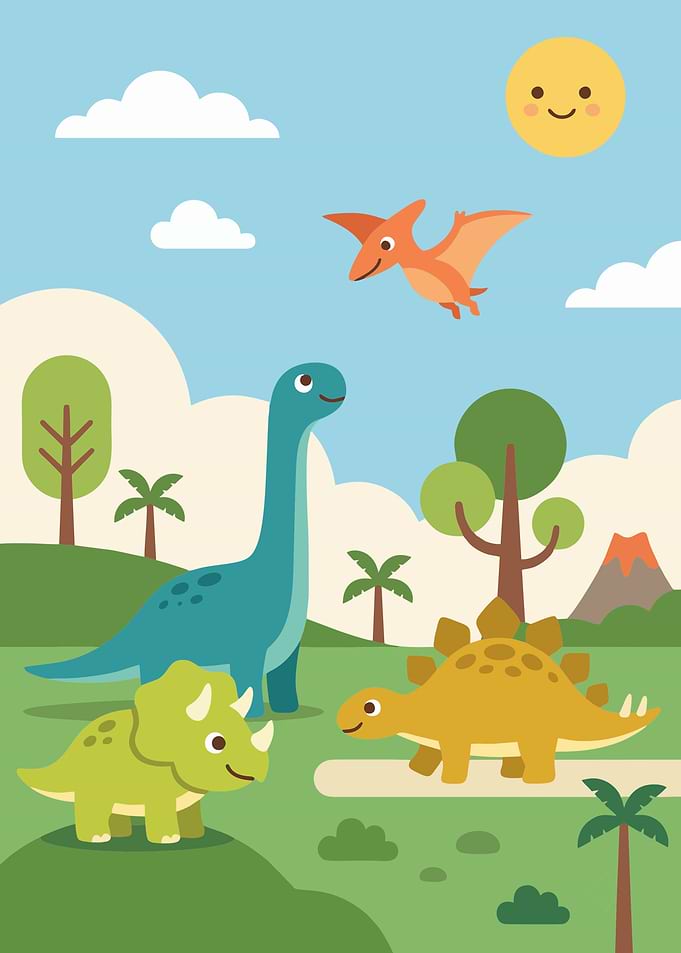 Cute Dinosaur Family Poster | Cartoon Dinosaurs and Pterodactyl in Prehistoric World