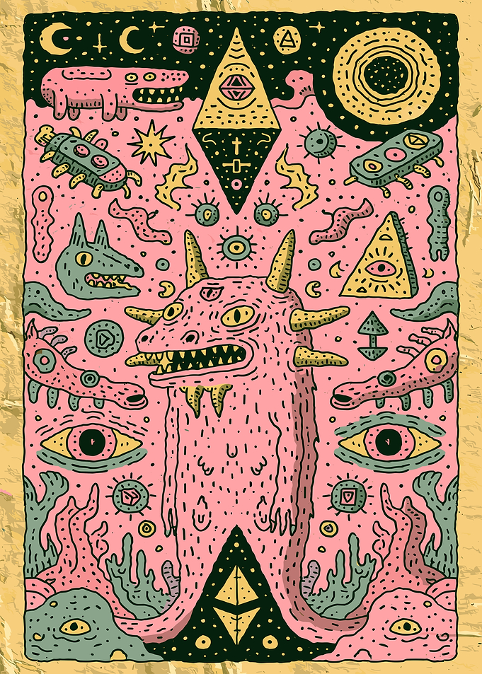 Surreal Pink Monster Psychedelic Illustration