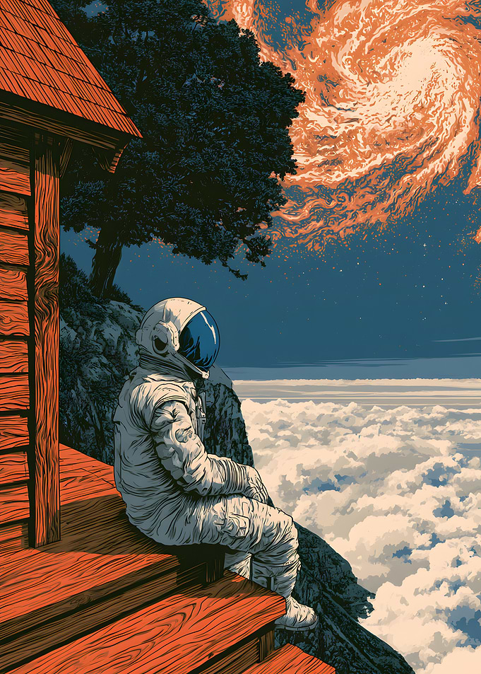 Astronaut Sitting on Wooden Porch