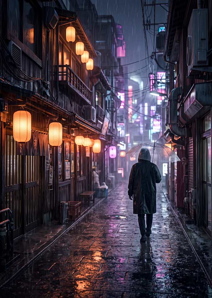 Neon Lantern Alley in Future Japan