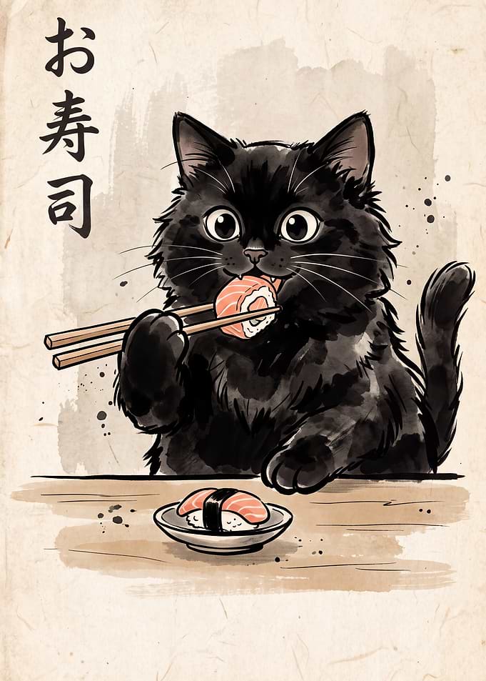 Cute Black Cat Eating Sushi