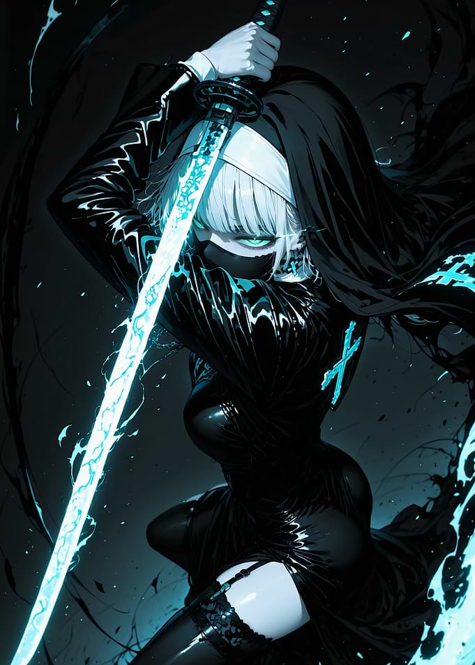 Cyberpunk Nun Warrior with Glowing Katana