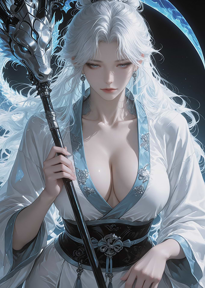 White-Haired Fantasy Warrior with Scythe