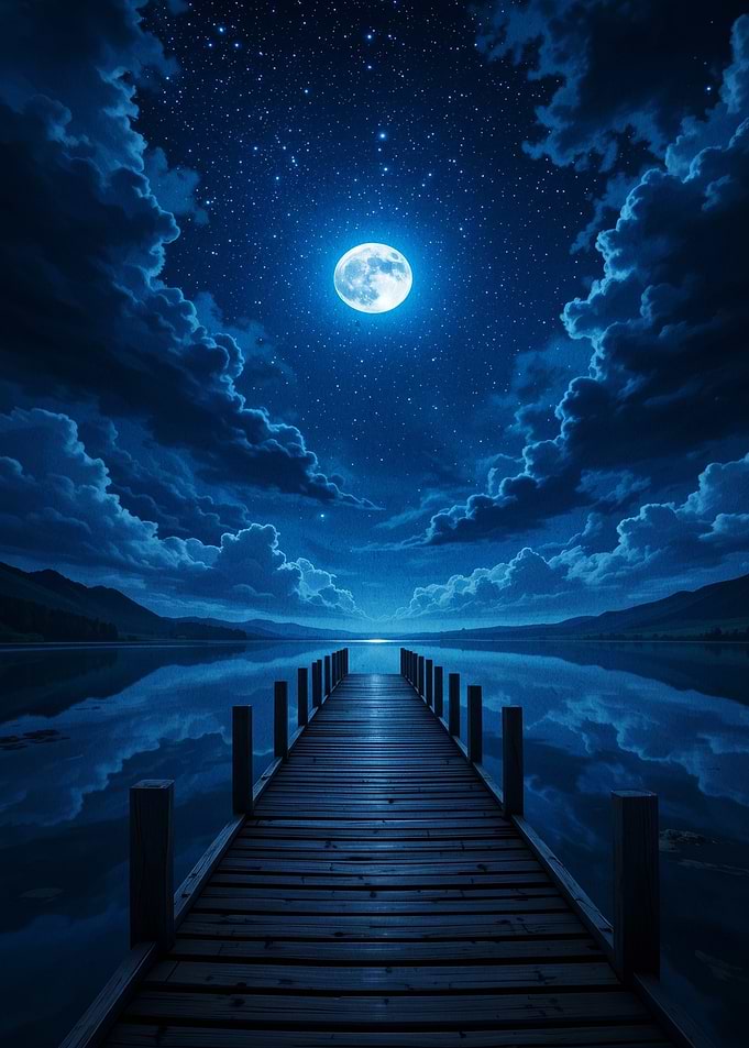 Moonlit Wooden Pier Over Calm Lake