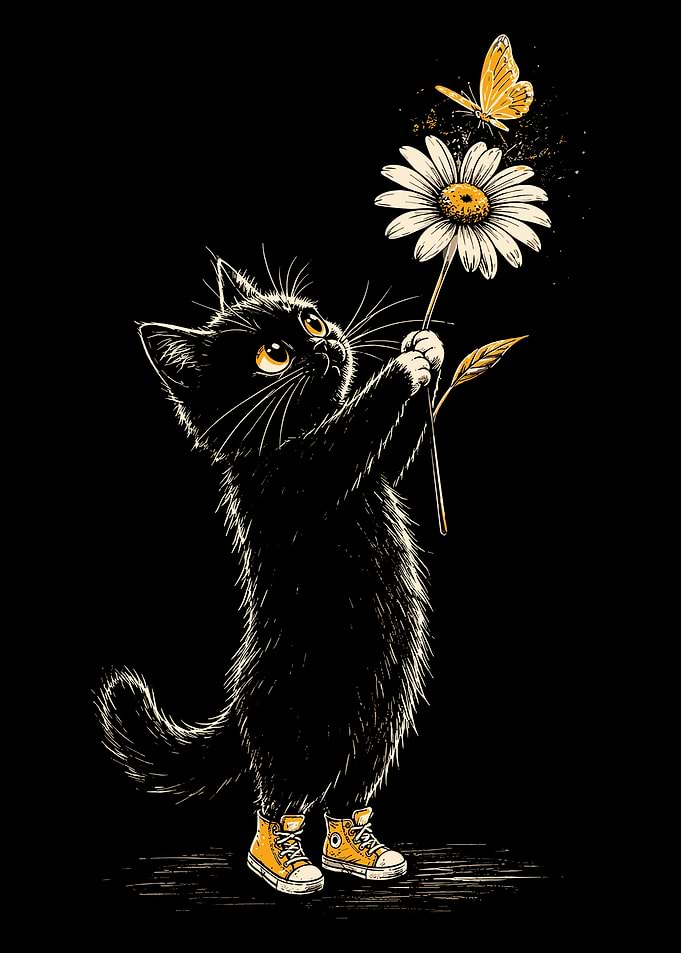 Cute Black Kitten Daisy Butterfly Whimsical Animal Wall Art Poster
