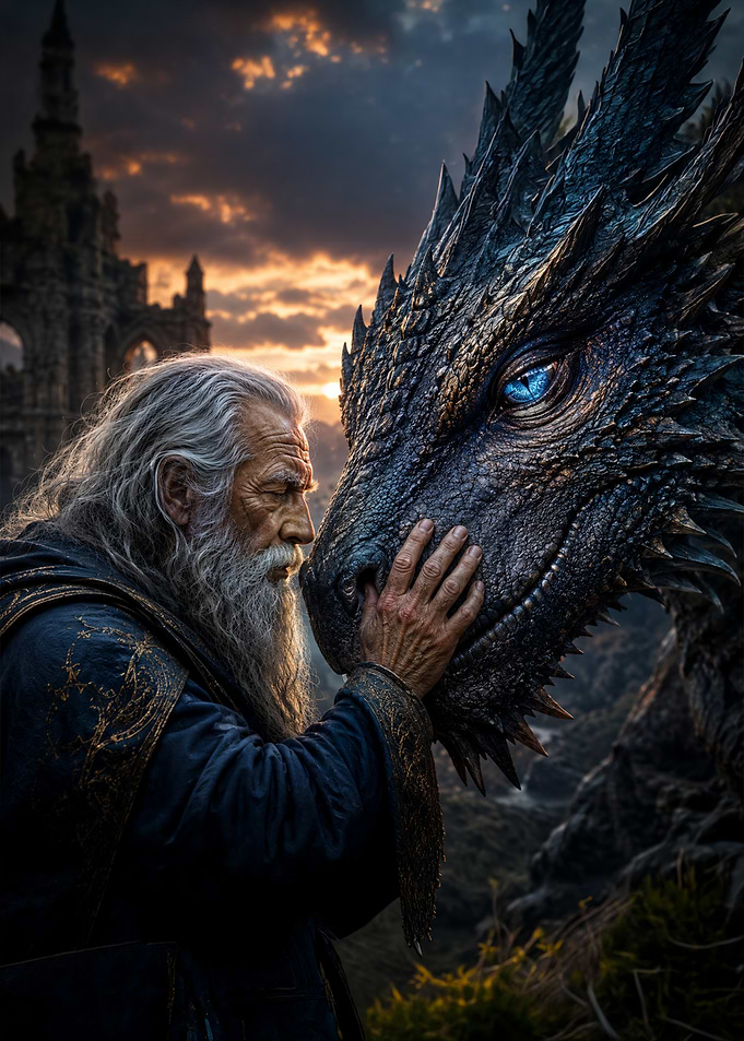 Wizard Touching a Majestic Dragon