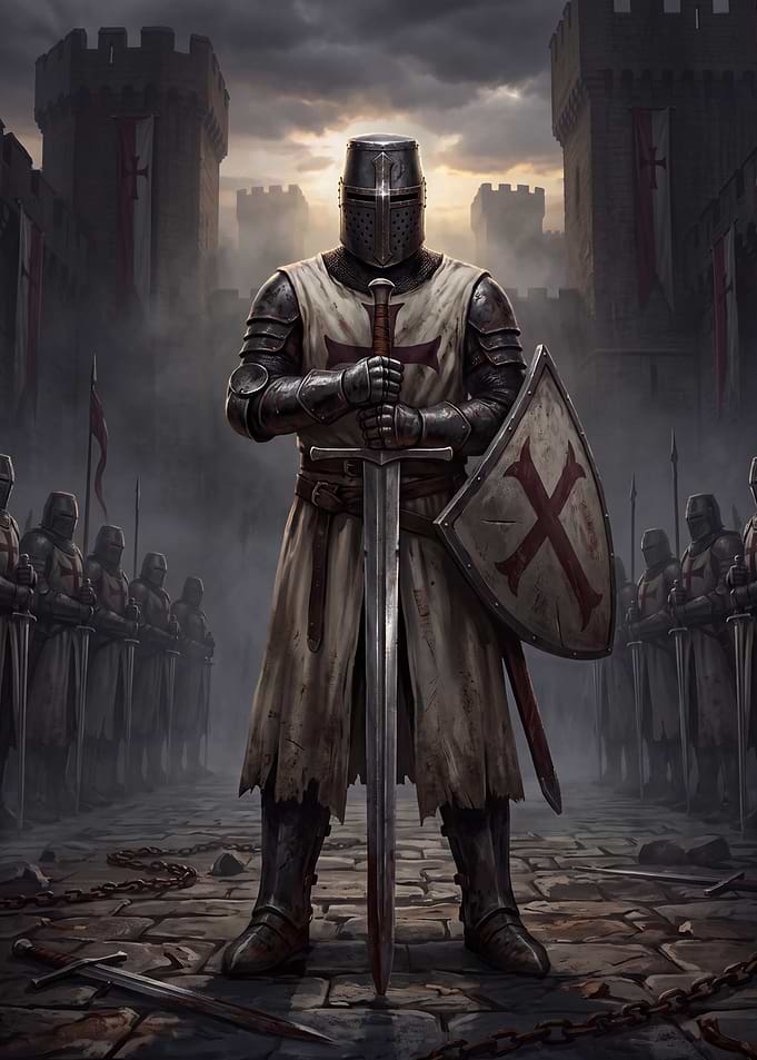 Crusader Knight Standing Before Castle