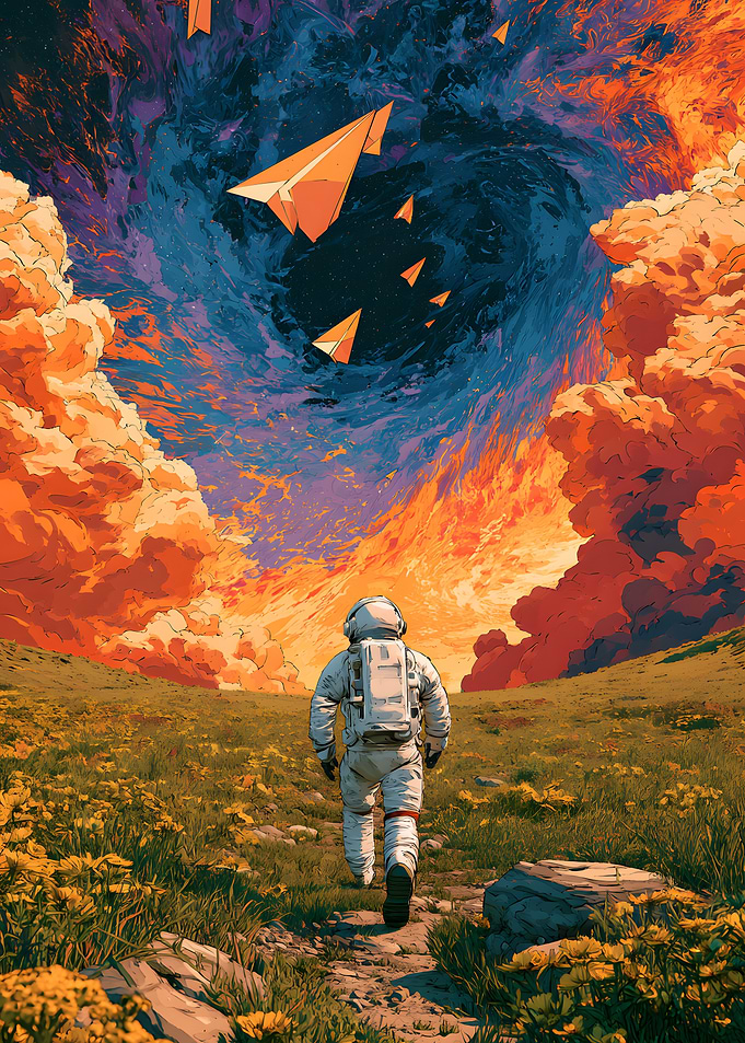Astronaut Walking Through Surreal Meadow