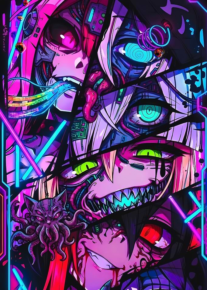 Cyberpunk Anime Glitch Horror Collage