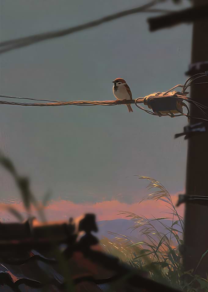 Sparrow Perched on Power Line