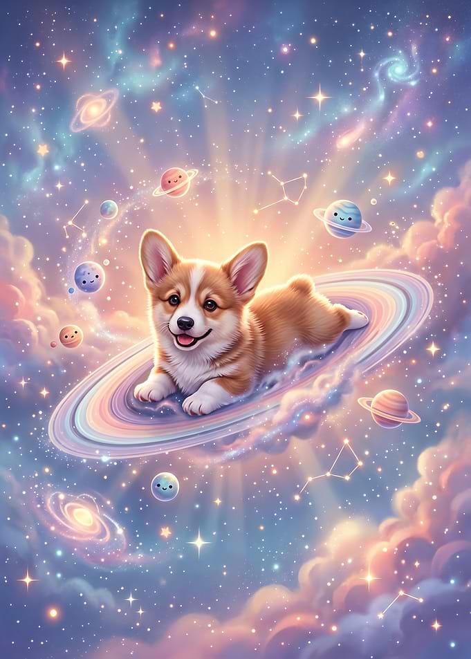 Corgi Puppy Floating on Saturn Rings