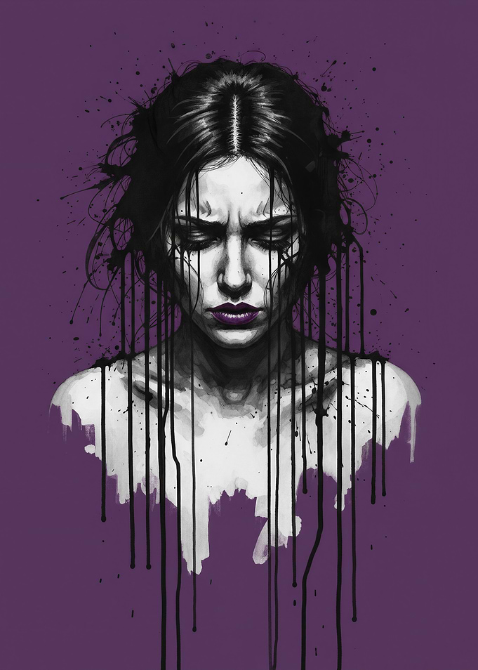 Melancholic Woman with Dripping Ink Portrait