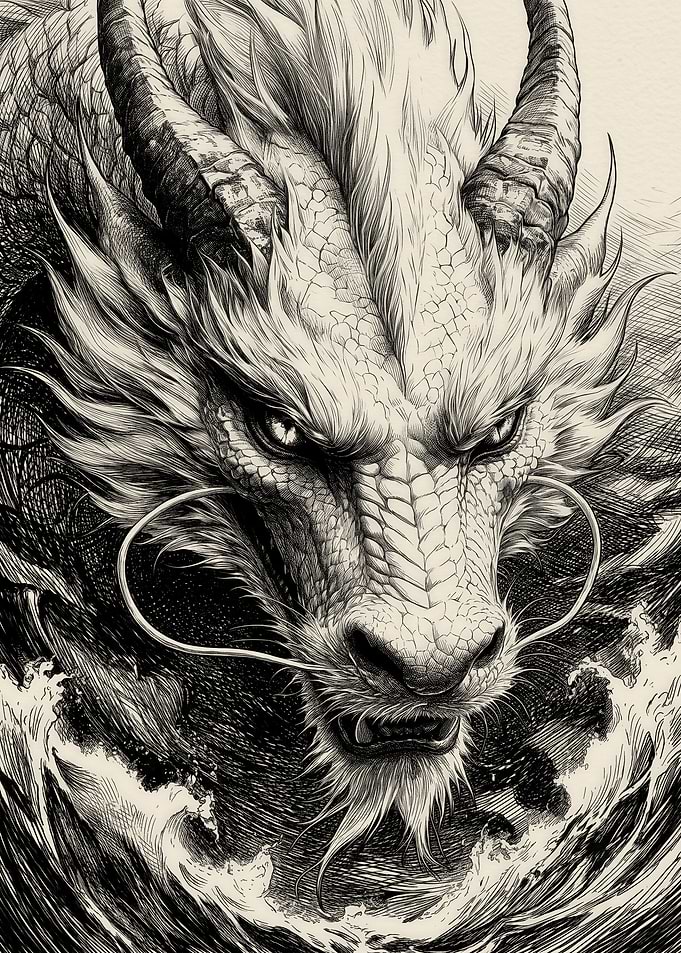 Intricate Ink Drawing of Eastern Dragon