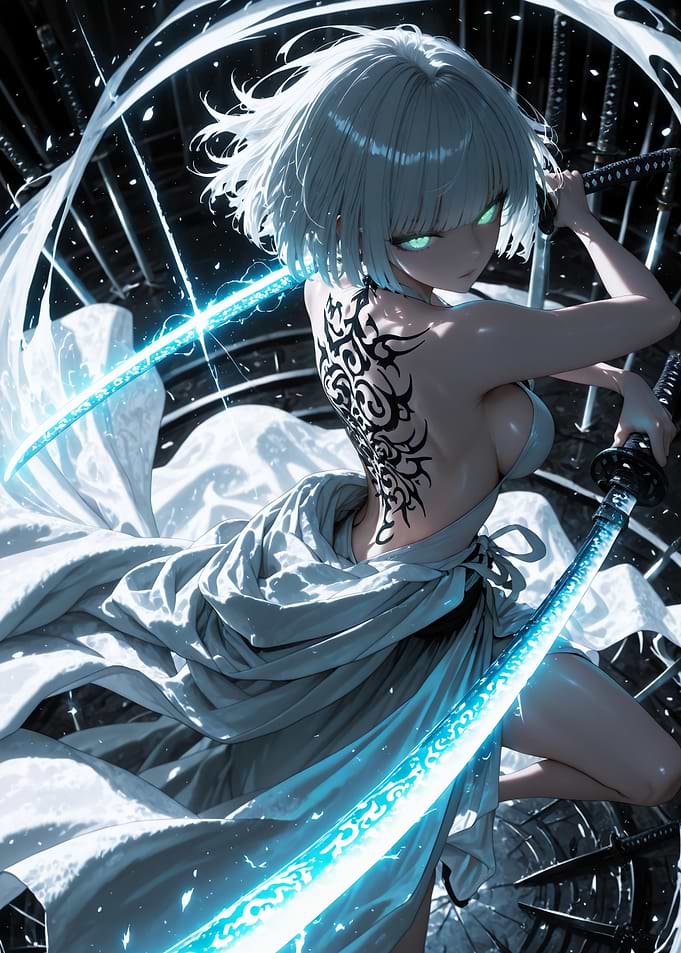 White-Haired Warrior with Glowing Swords