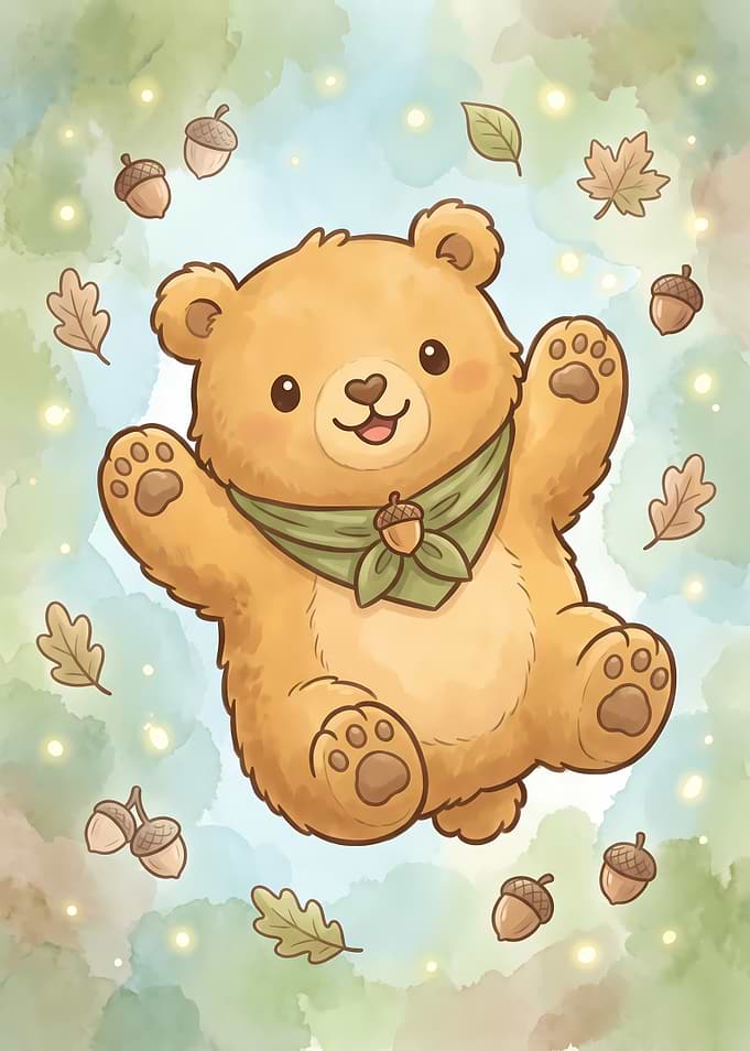 Cute Cartoon Bear with Autumn Leaves