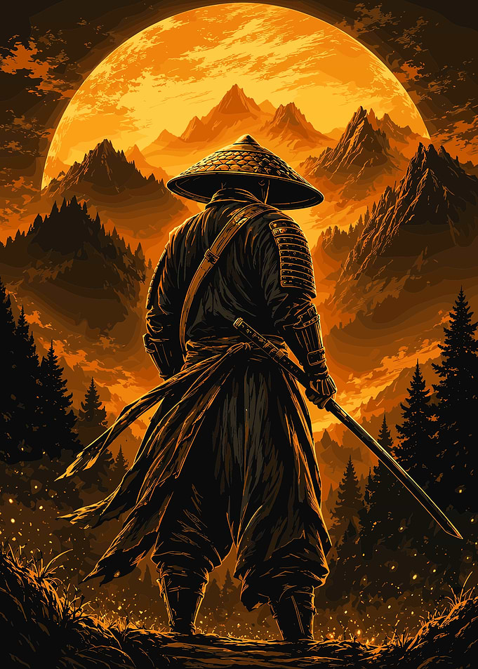 Samurai Warrior Under Golden Moon