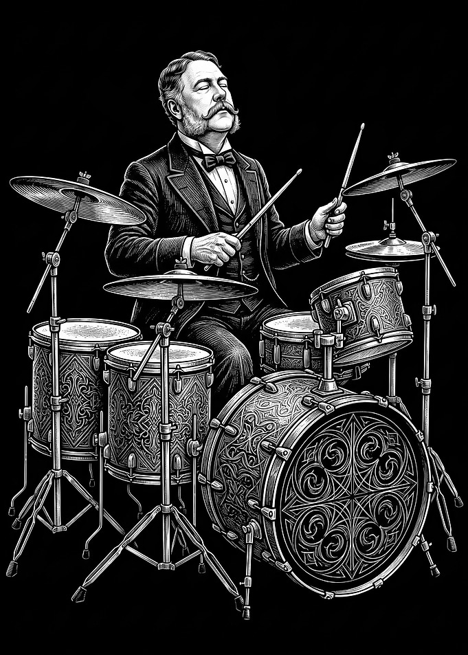 Chester A. Arthur Playing Ornate Drum Kit