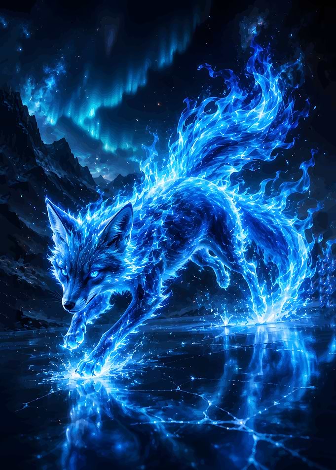 Blue Fire Fox Running on Ice